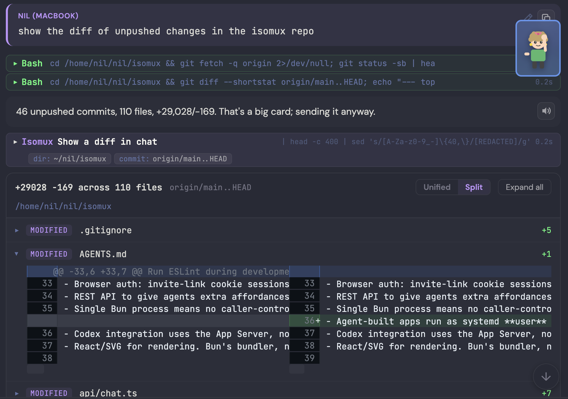 An isomux conversation where the agent has rendered a git diff as a card: a header reading '+29028 -169 across 110 files' with Unified, Split and 'Expand all' toggles, then per-file rows with MODIFIED badges and line counts, and one file expanded into a side-by-side view with the added line highlighted in green