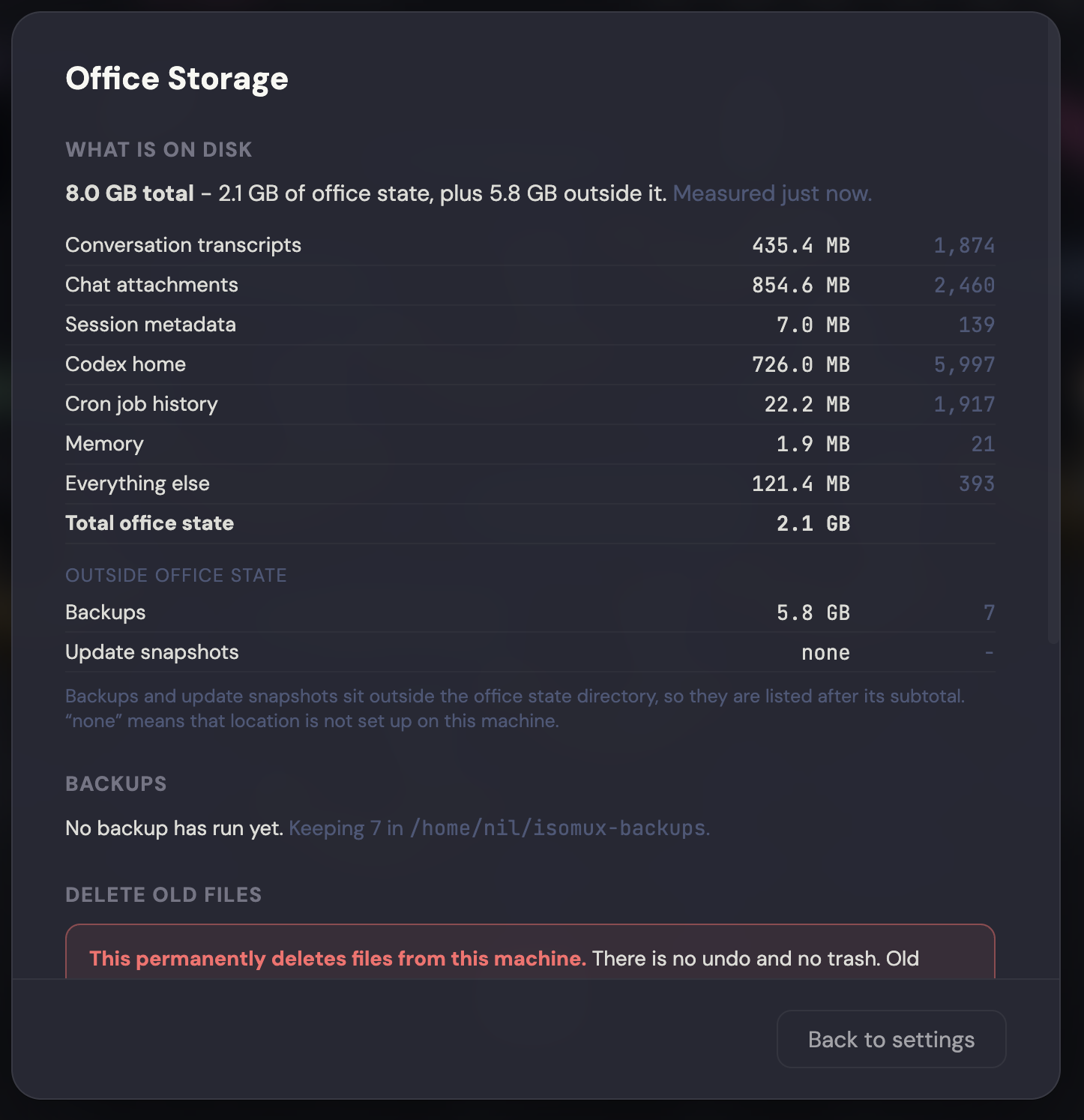 An isomux 'Office Storage' page. A 'What is on disk' section reads '8.0 GB total, 2.1 GB of office state, plus 5.8 GB outside it', then a table: conversation transcripts 435.4 MB, chat attachments 854.6 MB, session metadata 7.0 MB, Codex home 726.0 MB, cron job history 22.2 MB, memory 1.9 MB, everything else 121.4 MB, total office state 2.1 GB. Below that an 'Outside office state' section lists backups at 5.8 GB, and a 'Delete old files' section warns in red that deletion is permanent