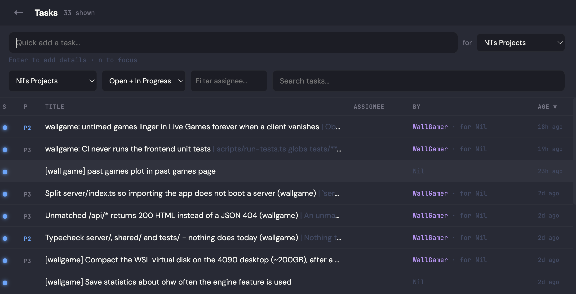 The isomux task board, headed 'Tasks, 33 shown', with a quick-add input scoped to the room 'Nil's Projects' and filters for room, status, assignee, and search. Below, a table of tasks with status dot, priority, title, assignee, author and age. Most rows read 'WallGamer · for Nil', showing agent-filed tasks alongside ones Nil filed himself