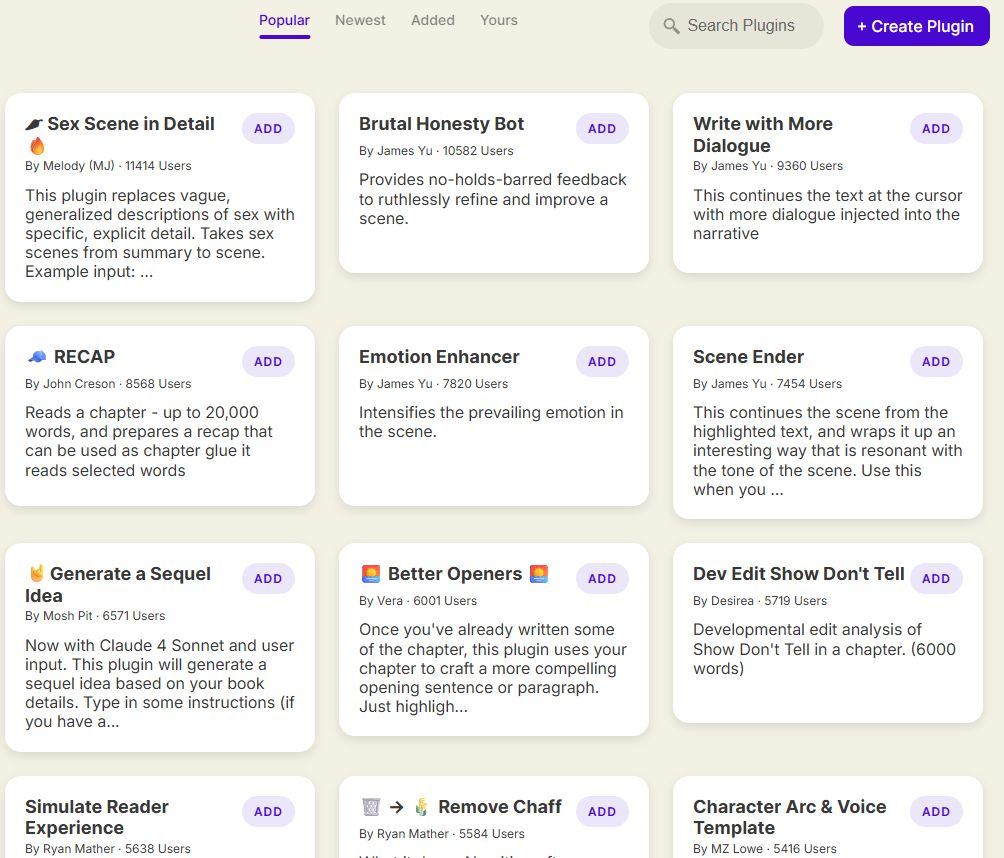 Sudowrite's plugin system showing context snippets