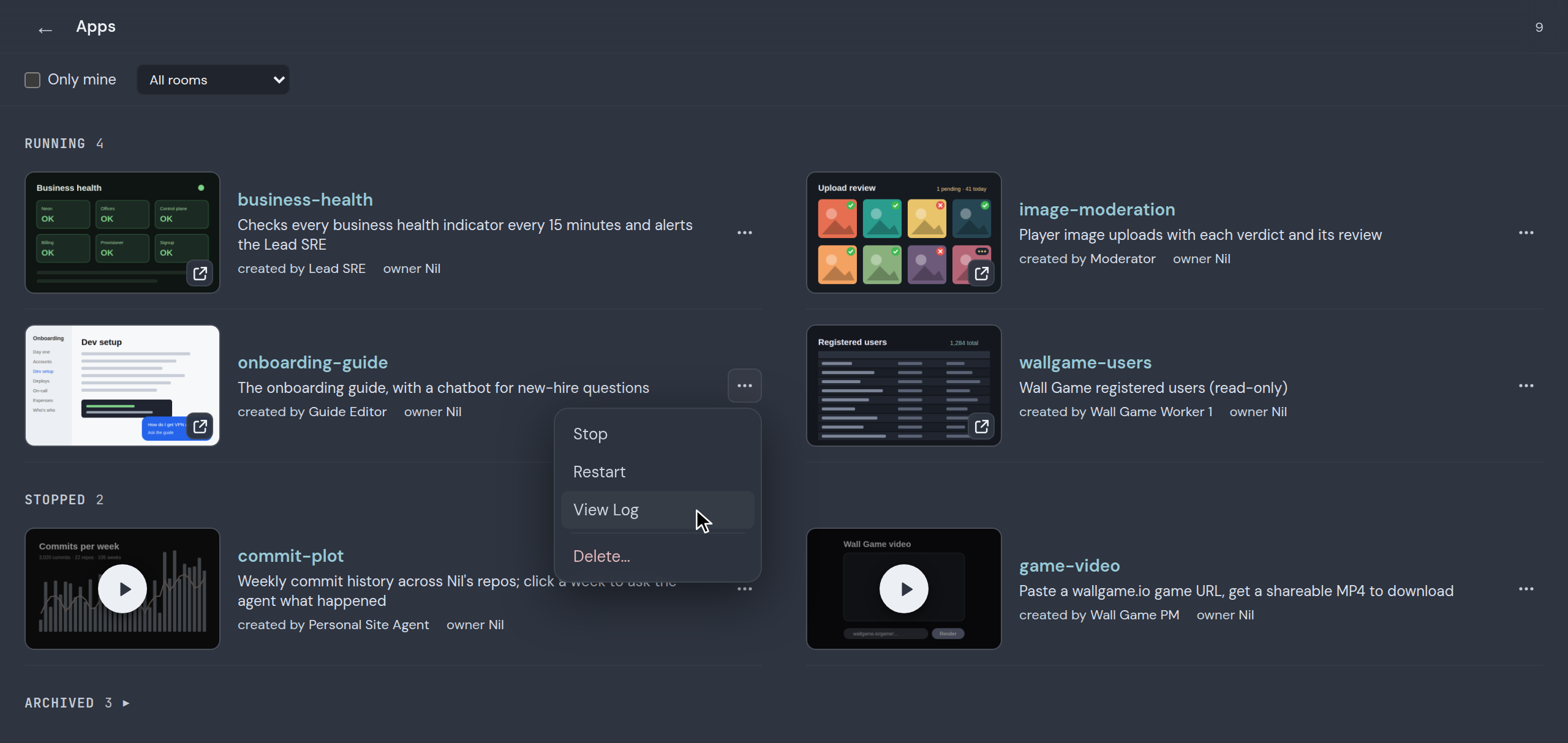 The Isomux Apps page with 9 apps. Under Running: business-health, which checks every business health indicator every 15 minutes and alerts the Lead SRE; image-moderation, which shows player image uploads with each verdict and its review; onboarding-guide, the onboarding guide with a chatbot for new-hire questions; and wallgame-users. Each app shows a live preview, the agent that created it, and its owner. Under Stopped: commit-plot and game-video. An Archived section is collapsed.