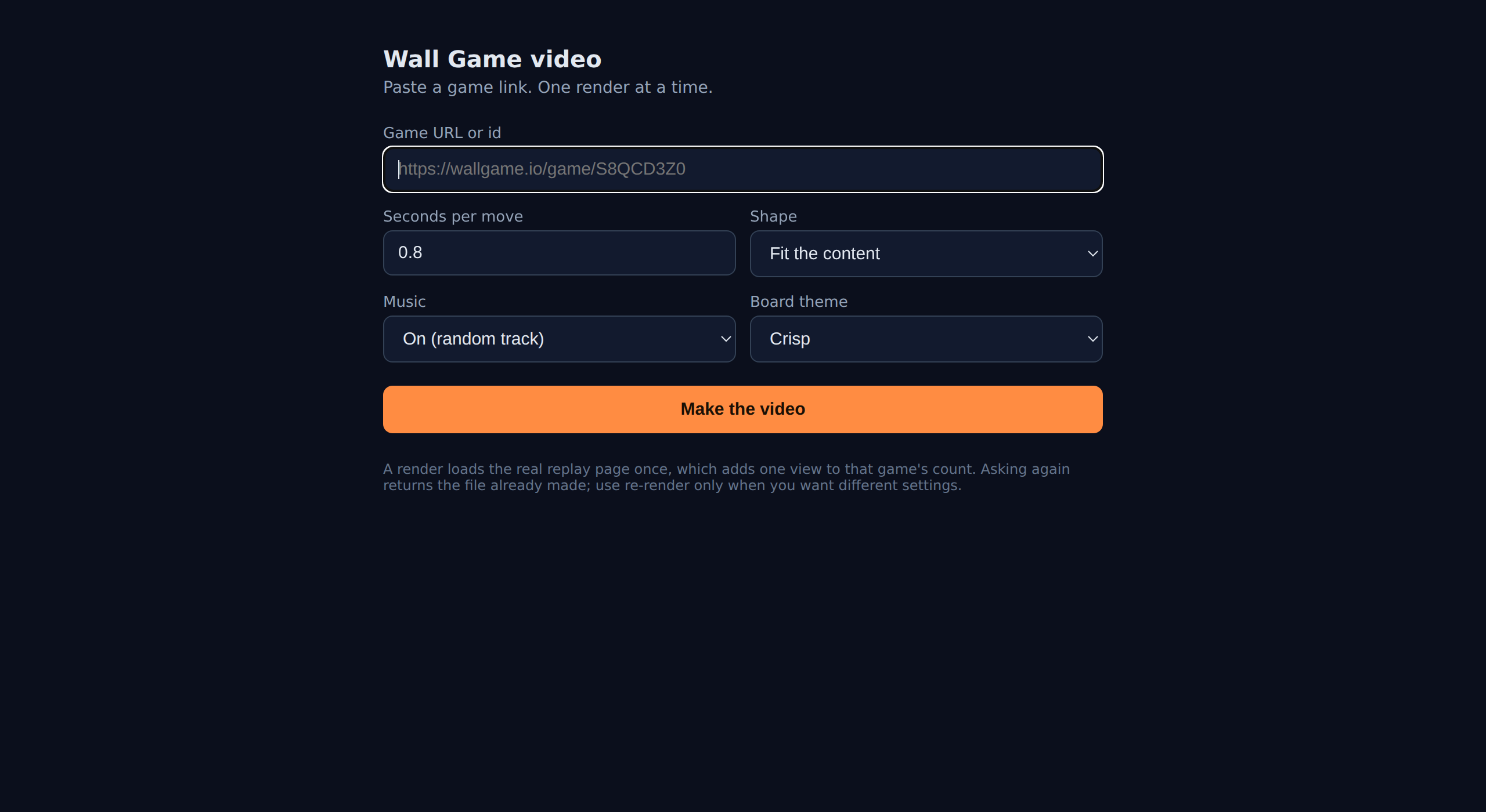 The game-to-video app: a short form with a field for a wallgame.io game URL, controls for seconds per move, shape, music and board theme, and a 'Make the video' button.
