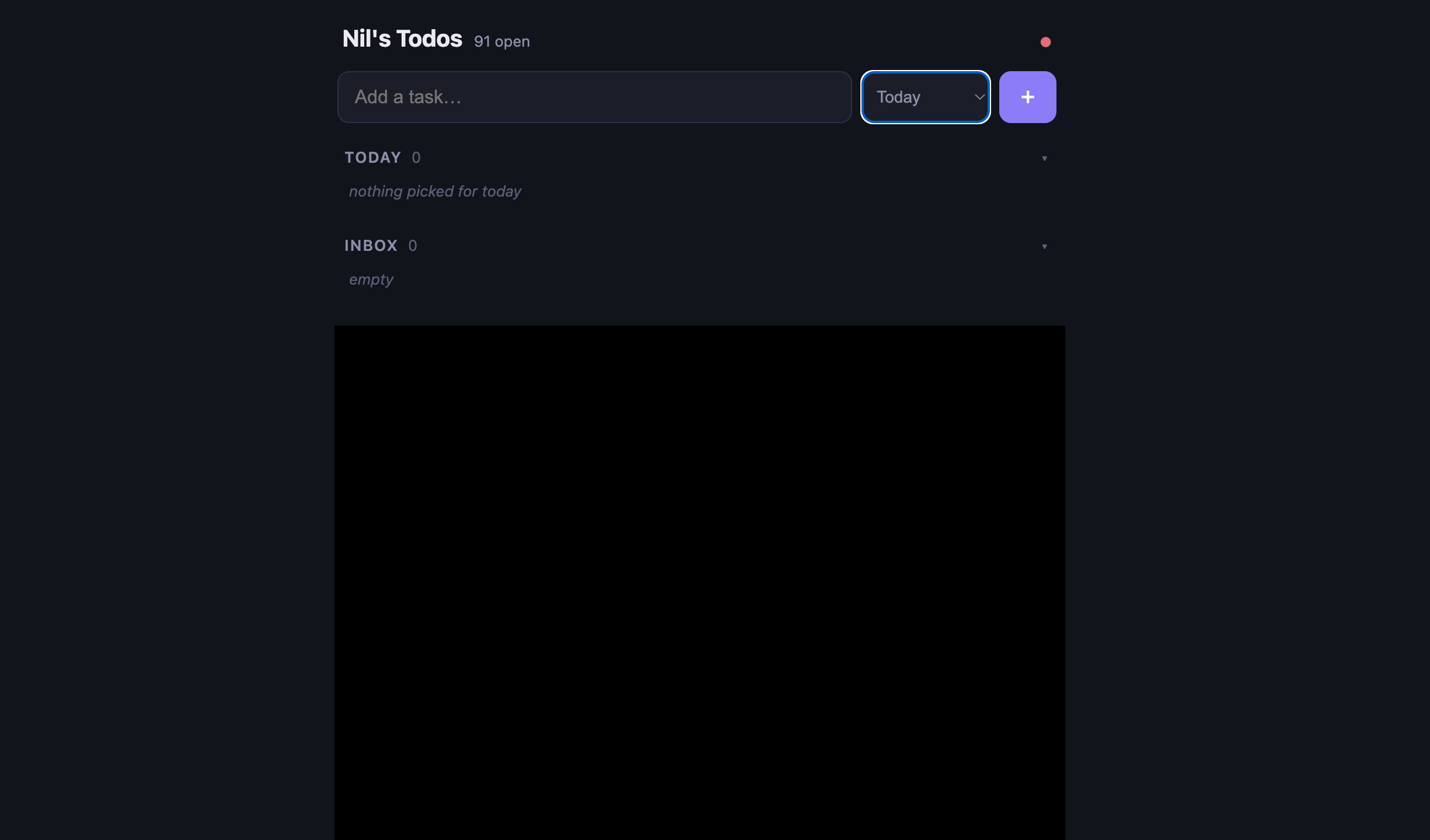 The todo app, with the task list blacked out. A header reads "Nil's Todos, 91 open", above a box to add a task with a list picker set to Today, then empty Today and Inbox sections.