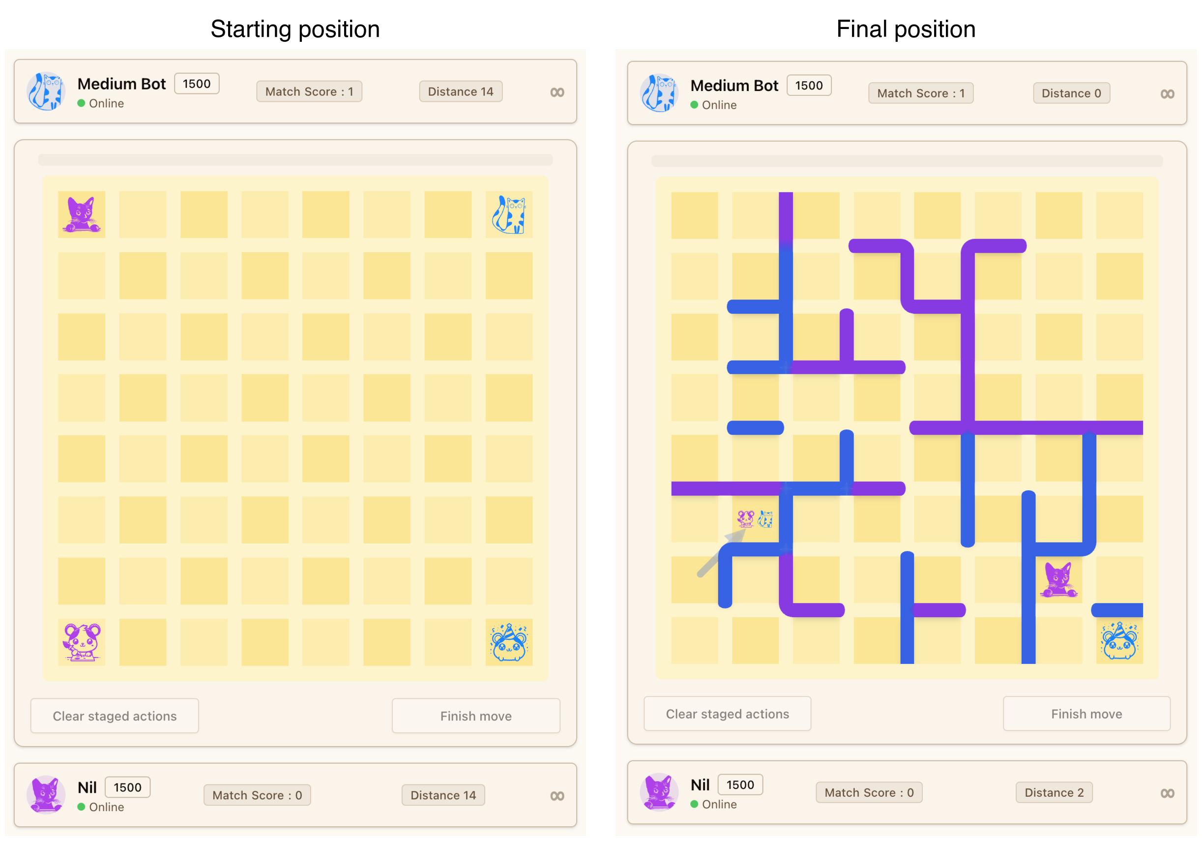 Side by side: the starting position with pieces in their initial spots, and a final position after a full game with walls placed across the board.