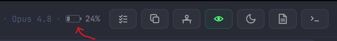 The isomux conversation header showing the model name 'Opus 4.8' next to a nearly empty battery icon and '24%', with a red arrow pointing at the meter