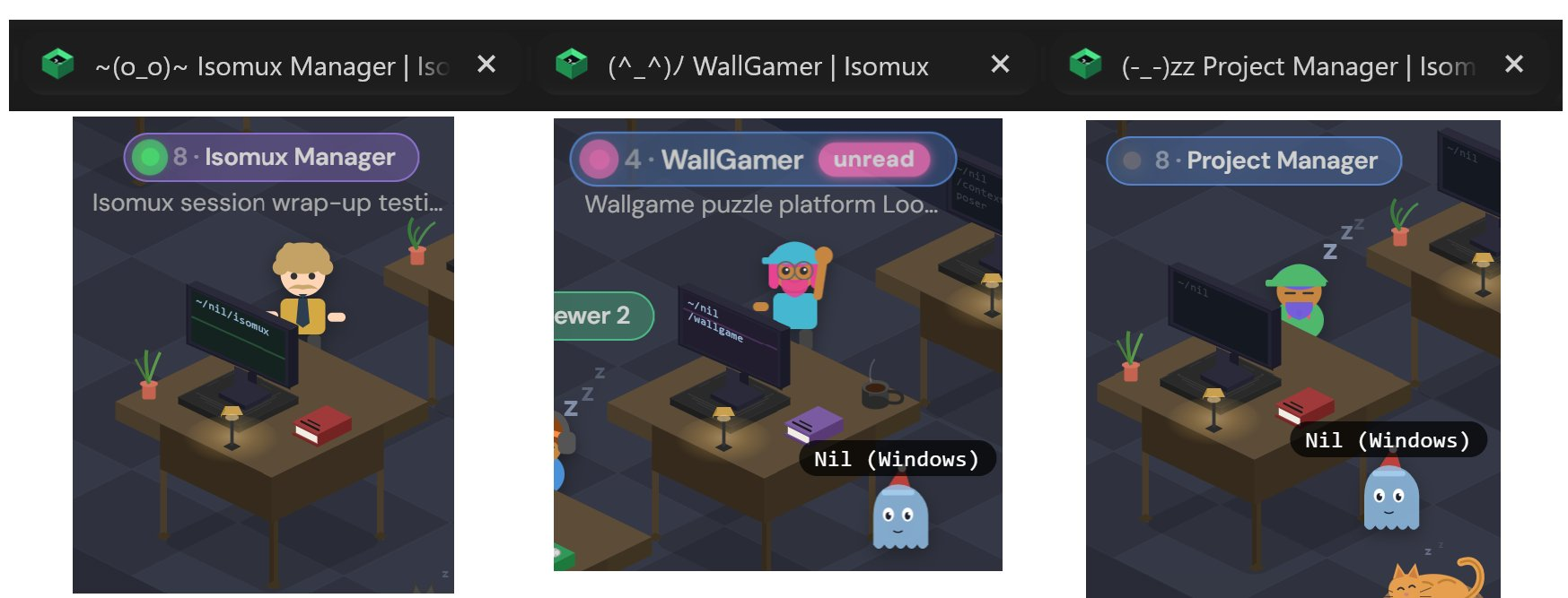 Top: three browser tabs with truncated titles, each prefixed by a kaomoji face showing the agent's state. Bottom: the same three agents as isometric desks, each with a nametag, a conversation topic, the working directory on the monitor, an unread badge on one, sleeping z's on another, and a small ghost avatar labeled 'Nil (Windows)'