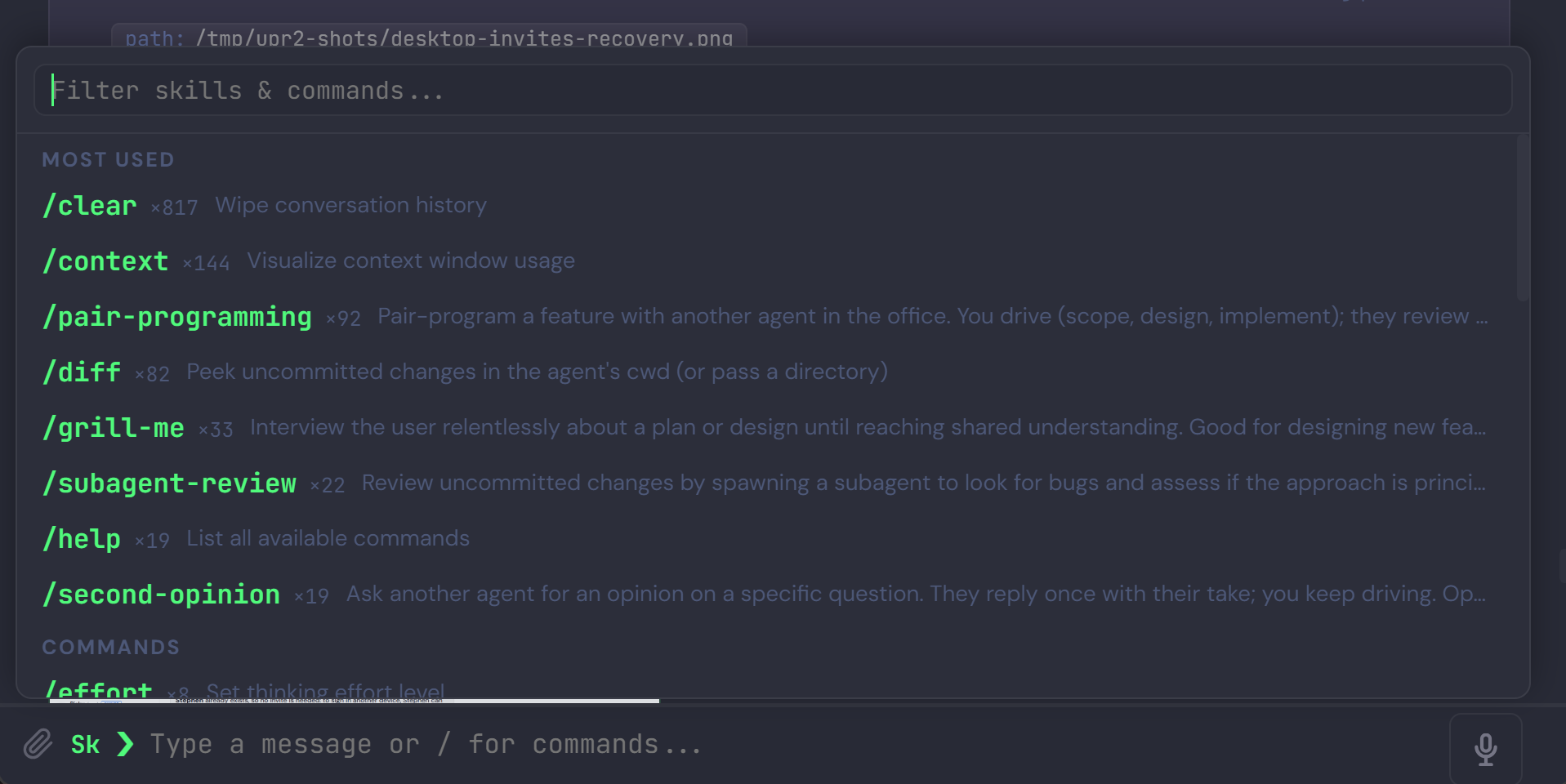 A popover above the chat input with a filter box at the top and a 'Most used' section listing slash commands with usage counts and one-line descriptions: /clear at 817 uses, /context at 144, /pair-programming at 92, /diff at 82, /grill-me at 33, /subagent-review at 22, then a 'Commands' section below