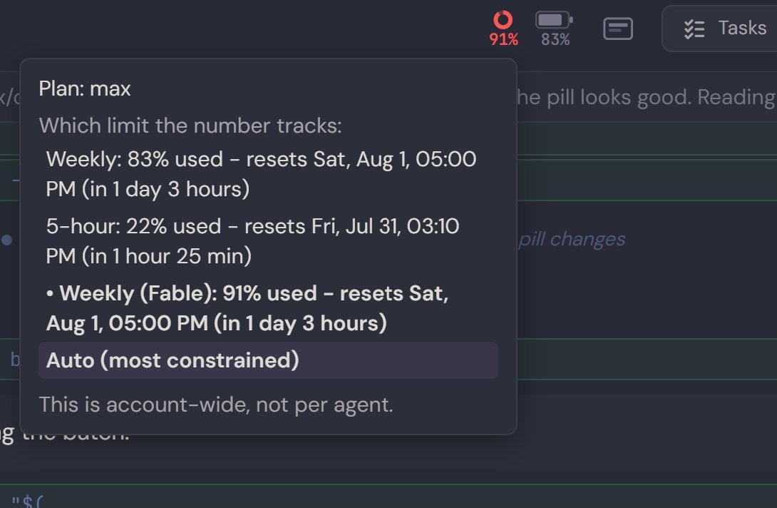 A pill in the isomux header showing subscription usage, with a dropdown to pick which limit to display